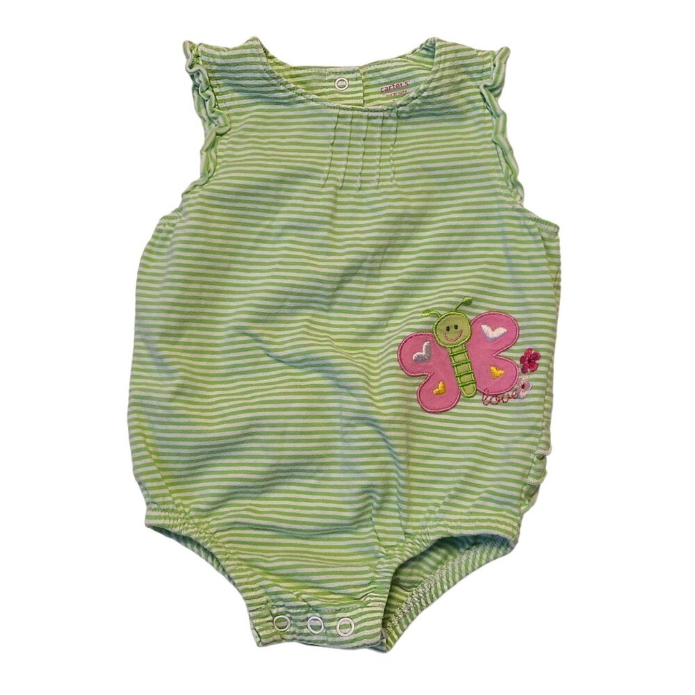 Carters Baby Girl Striped Green Romper 12 Months Butterfly Embroidery Snap Close